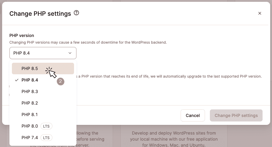 Uno screenshot della finestra di dialogo per l'aggiornamento delle versioni di PHP in MyKinsta.