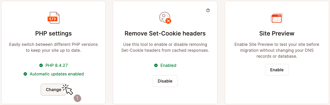 Uno screenshot che mostra le impostazioni PHP nel menu Strumenti di MyKinsta.
