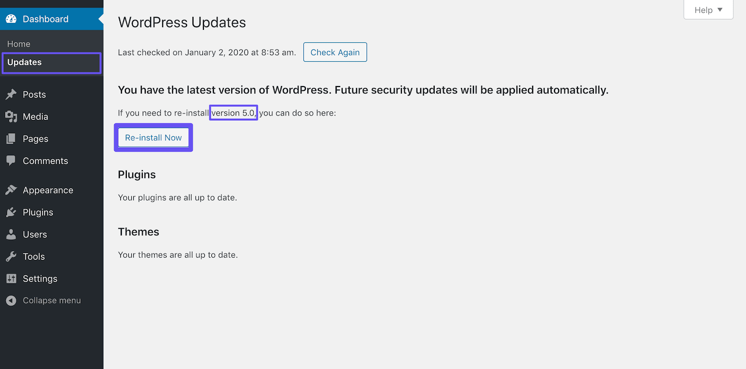 re install wordpress