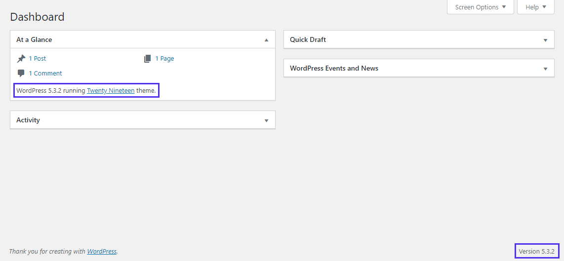 check WordPress version number dashboard