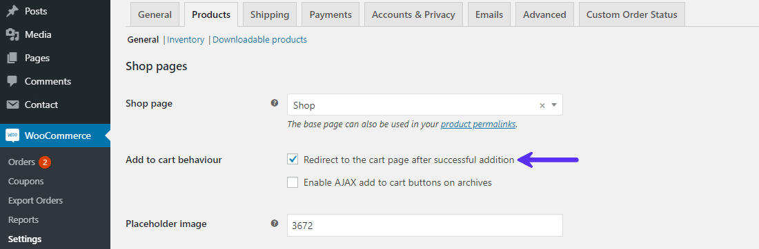 WooCommerce produktindstillingspanel for at aktivere omdiriger til kurv-adfærd