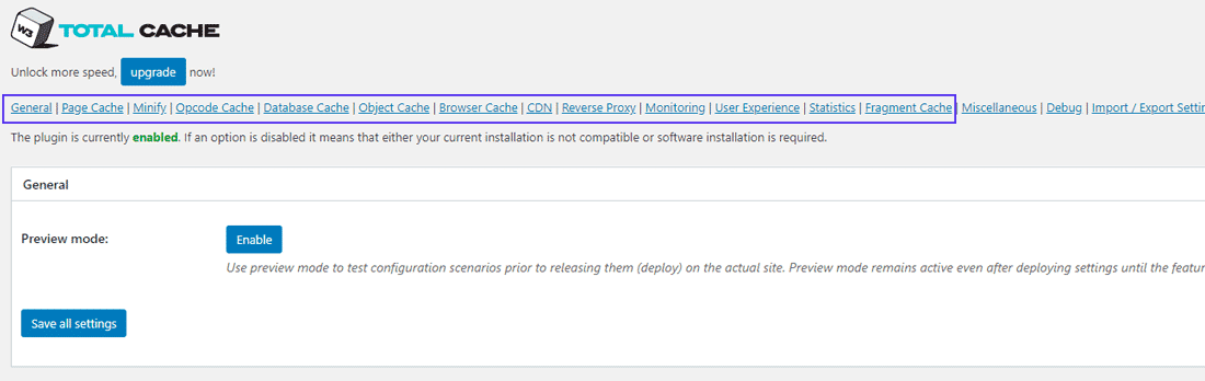 WordPress W3 Total Cache Panel for generelle indstillinger