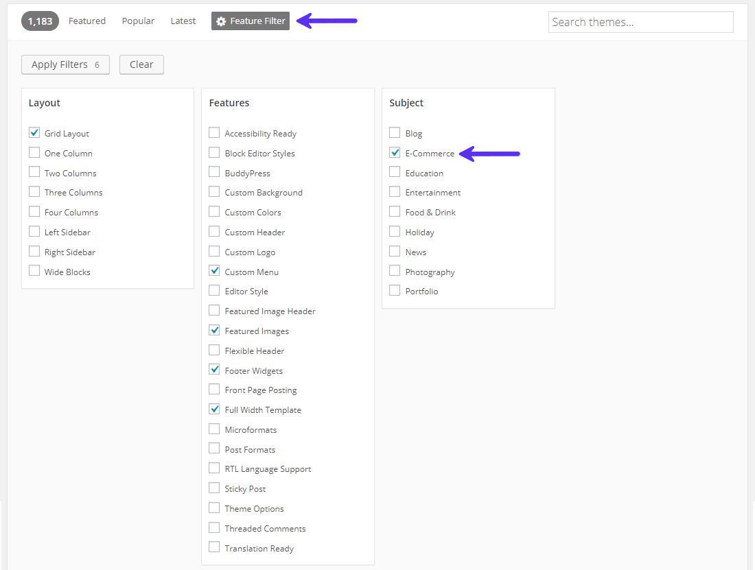 استخدام المرشحات للبحث بذكاء عن السمات على wp.org