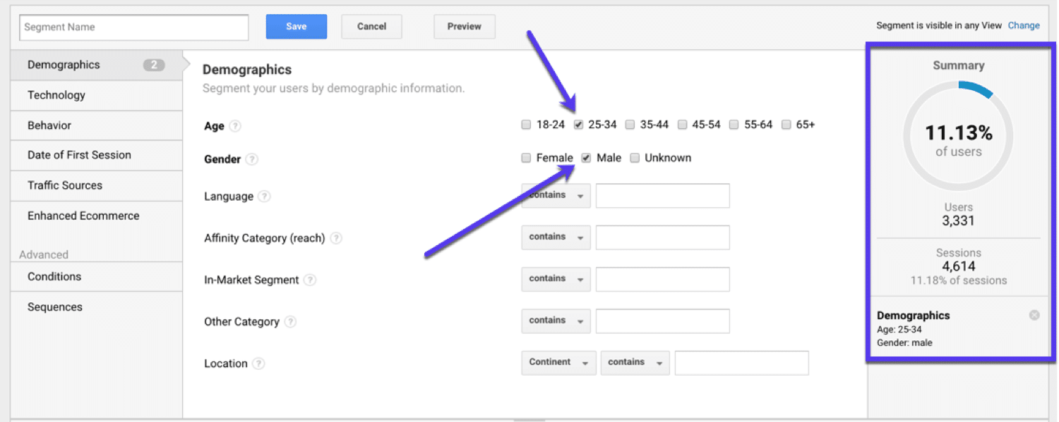 Segmenting based on demographics in Google Analytics