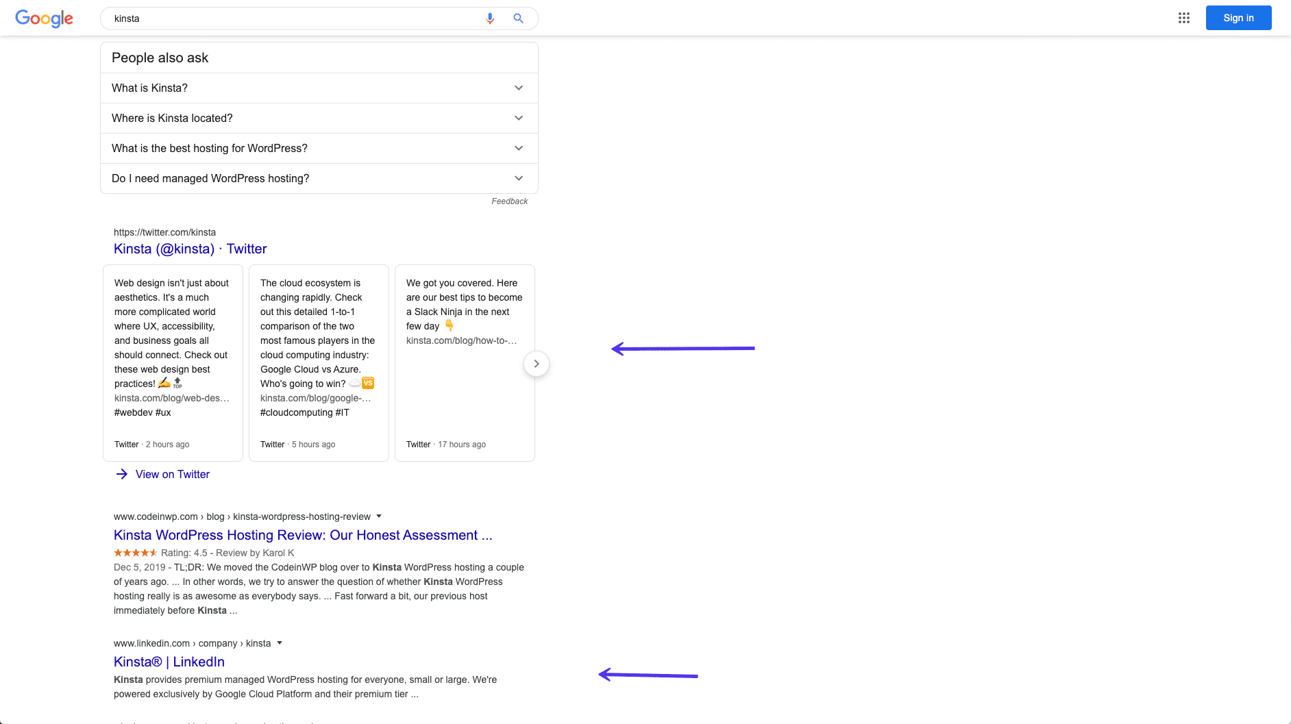 WordPress SEO: Kinsta’s social media profile rankings in Google