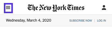 Website navigation of NYT homepage (mobile)