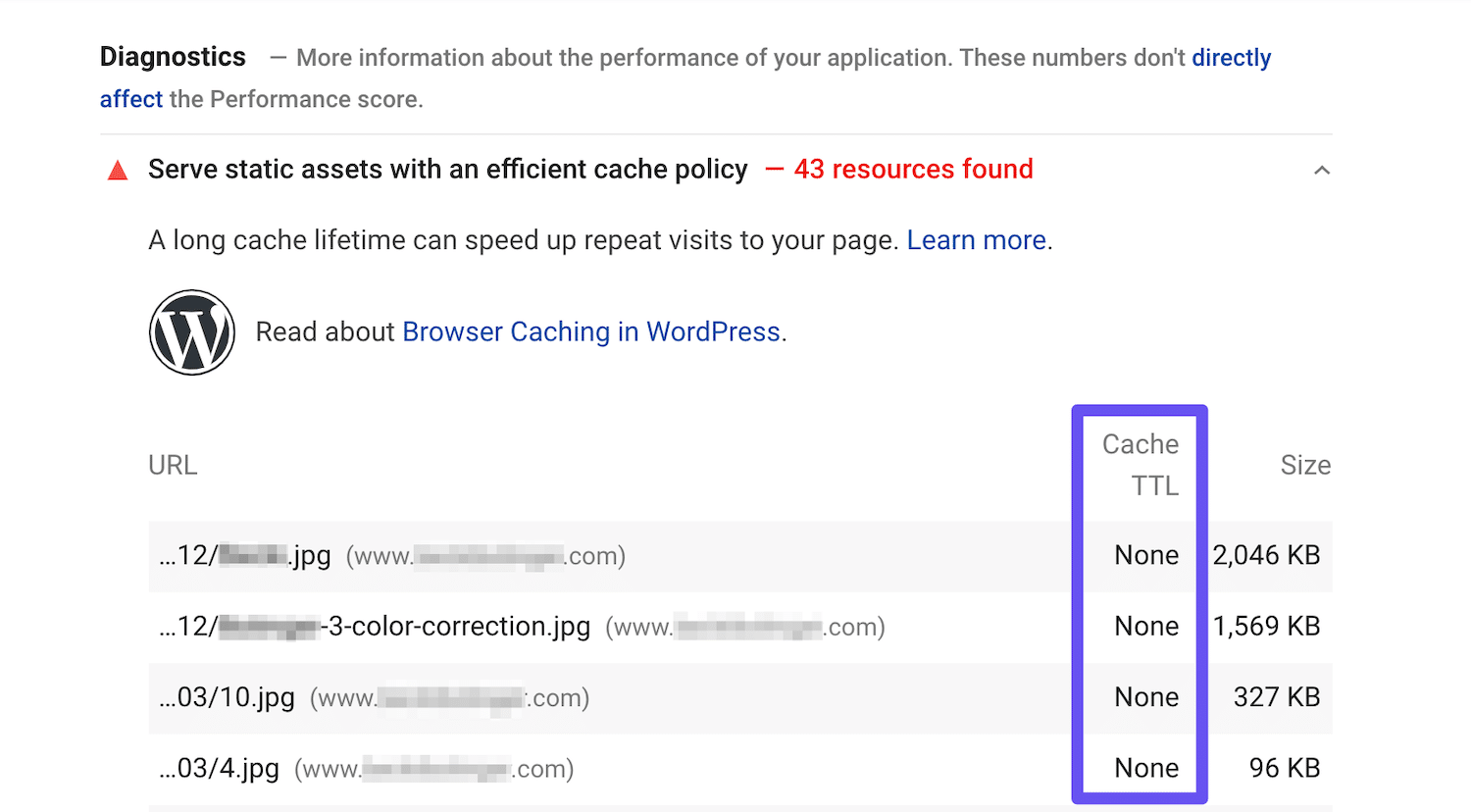 Cache TTL-listningar i Google PageSpeed Insights