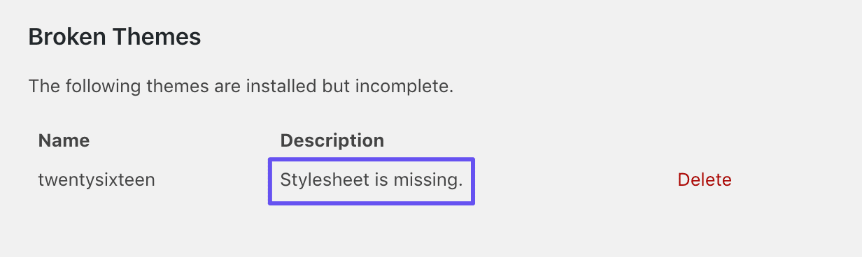 Felet "Stylesheet is missing" i listan WordPress-teman