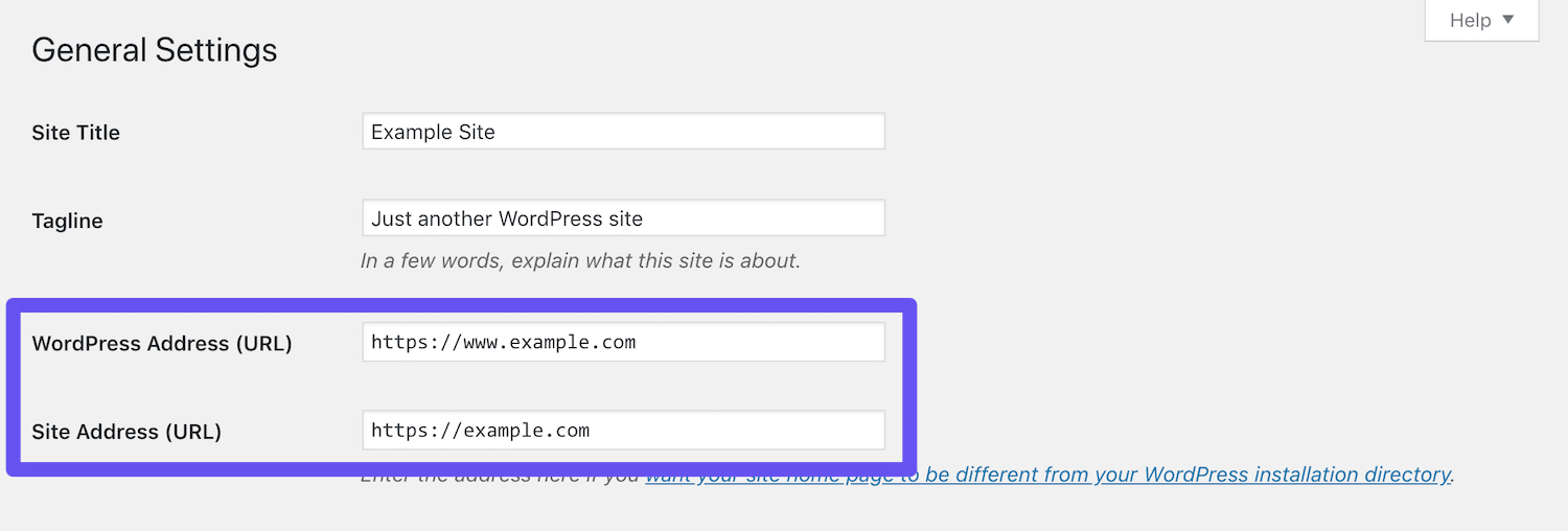 O Endereço WordPress e Endereço do Site nas Configurações Gerais.