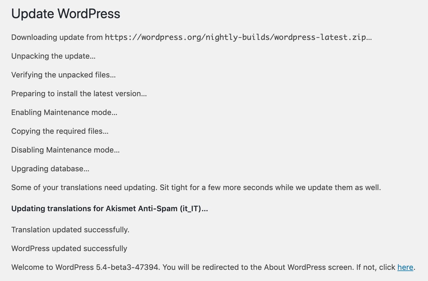 WordPress uppdateringsförlopp