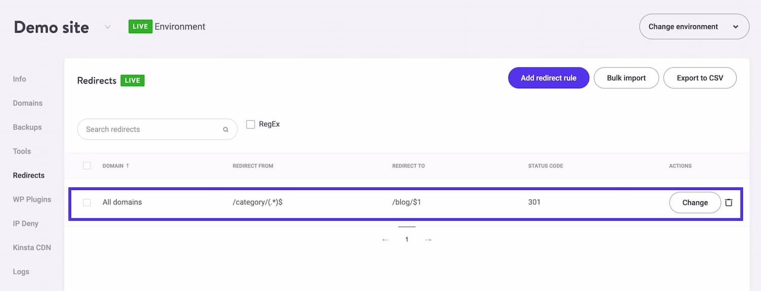 Tilføjelse af en wildcard-redirect i MyKinsta