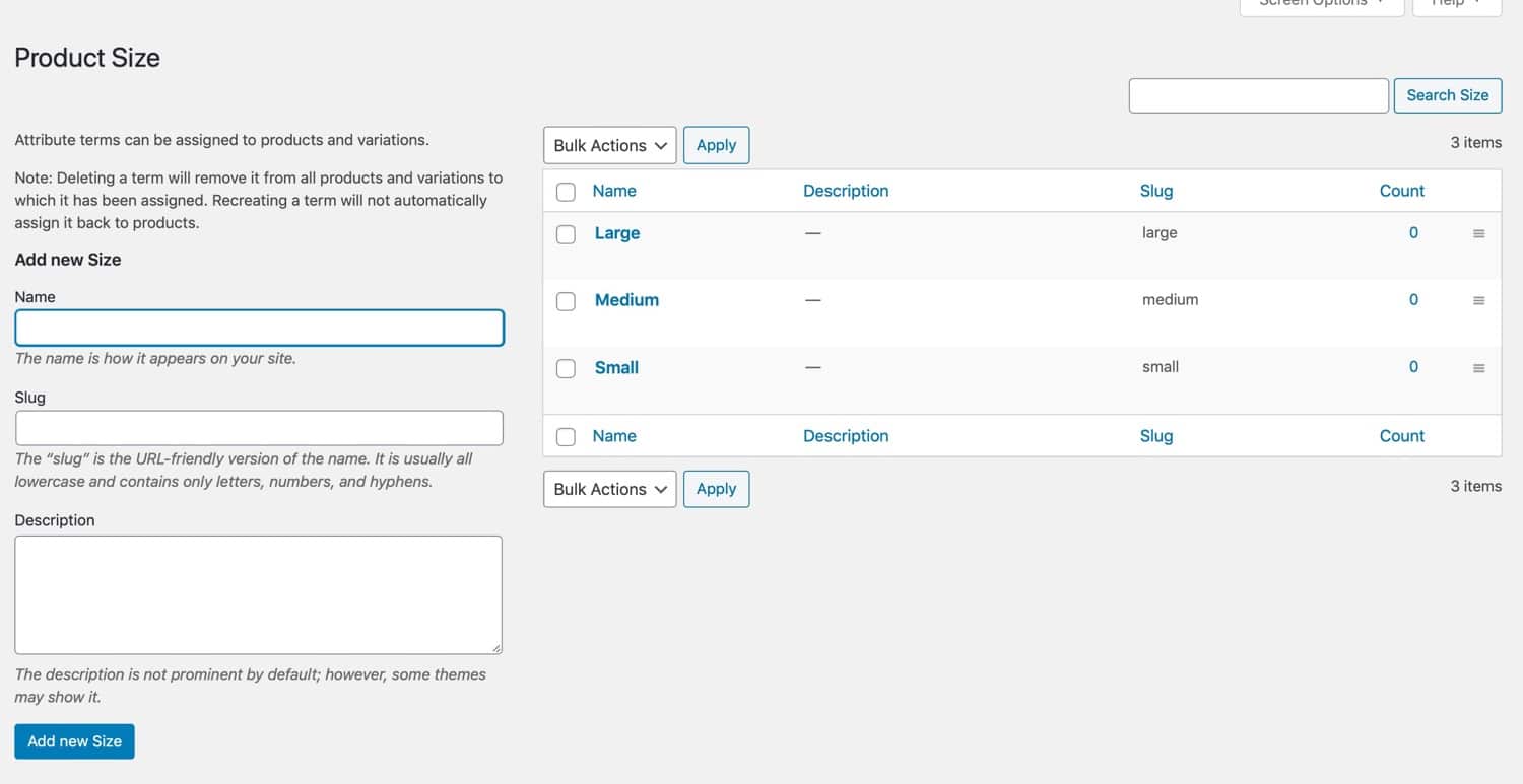 Product attribute terms listing