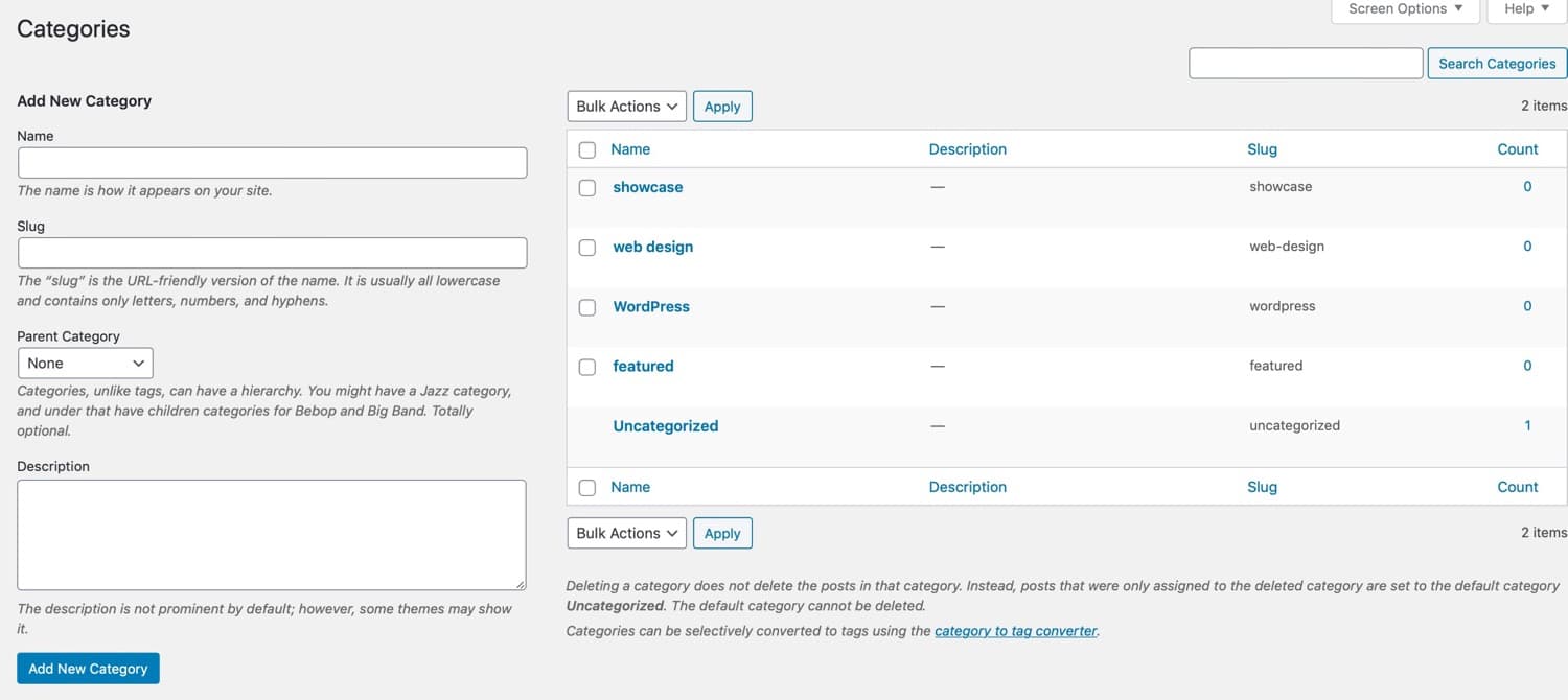 Categories editing screen