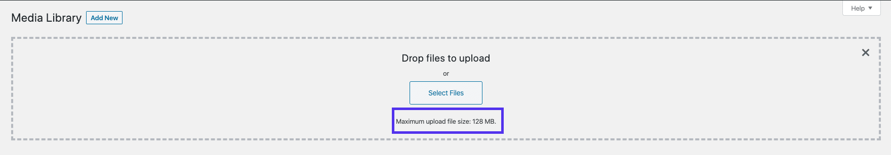 The maximum upload file size listed in the WordPress Media Uploader.