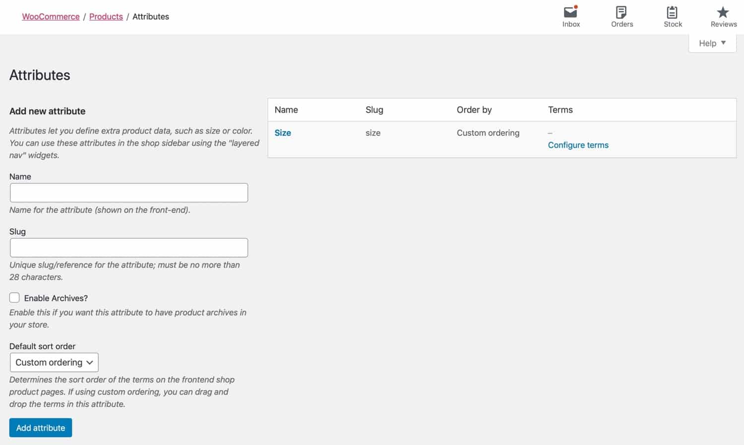 Product attributes screen