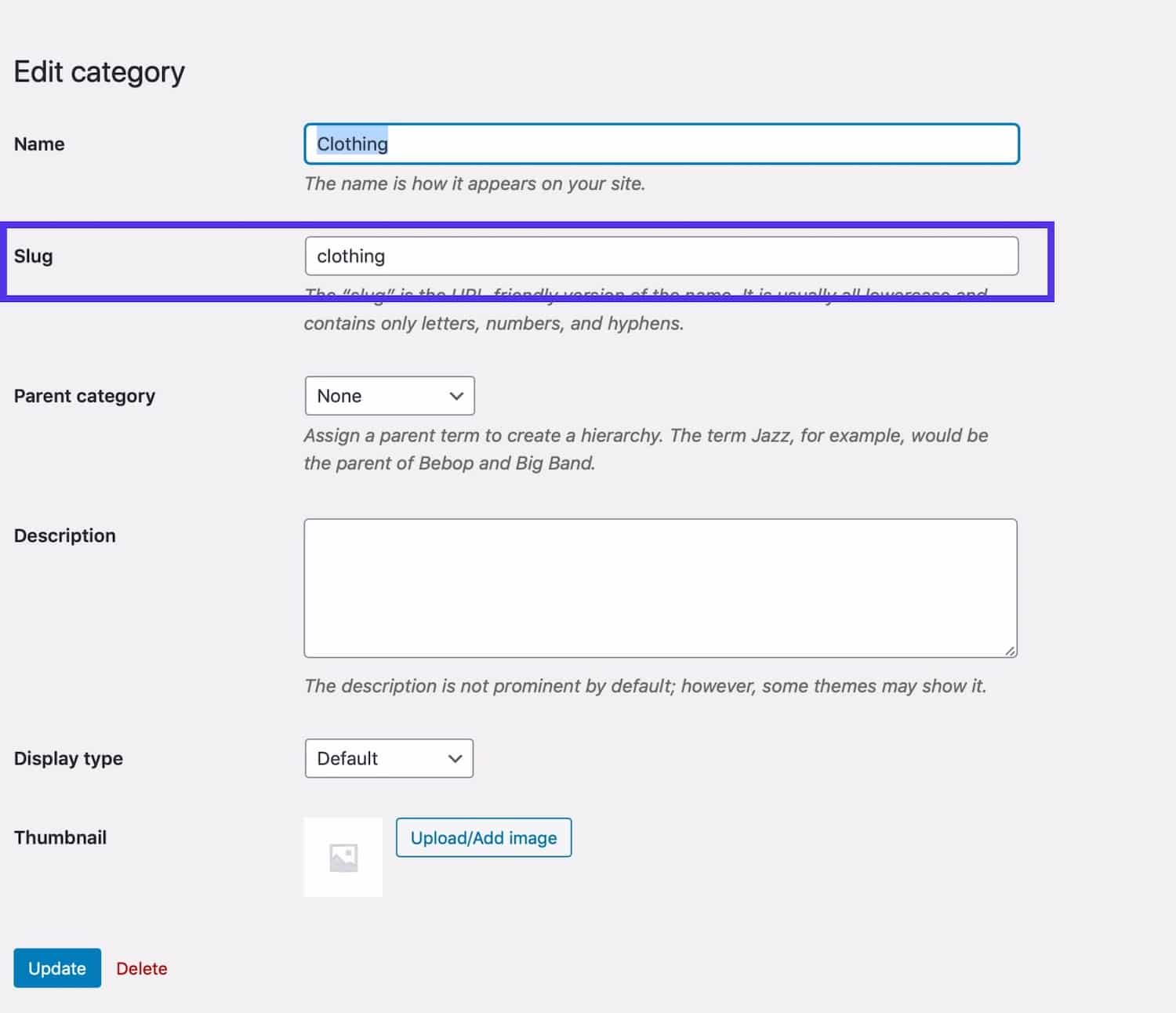 Product category slug editing