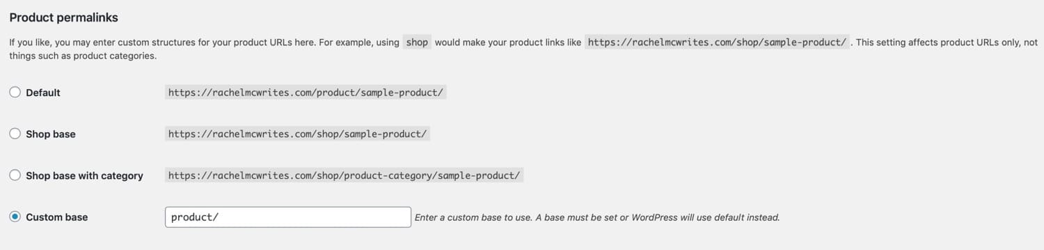 Product permalinks settings