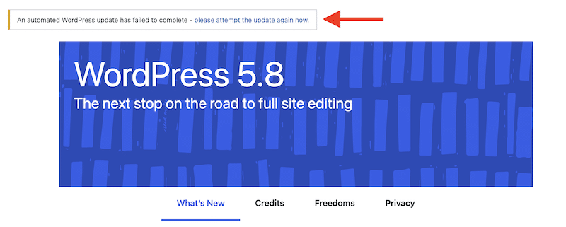 WordPress-Fehler: "Ein automatisches WordPress-Update konnte nicht abgeschlossen werden - bitte versuche das Update jetzt noch einmal."