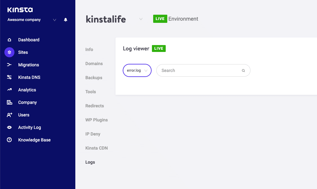 Accessing error logs in MyKinsta 