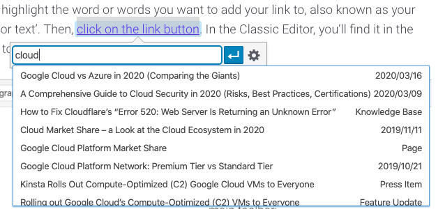 Zoeken naar interne linkopties in de Classic Editor.