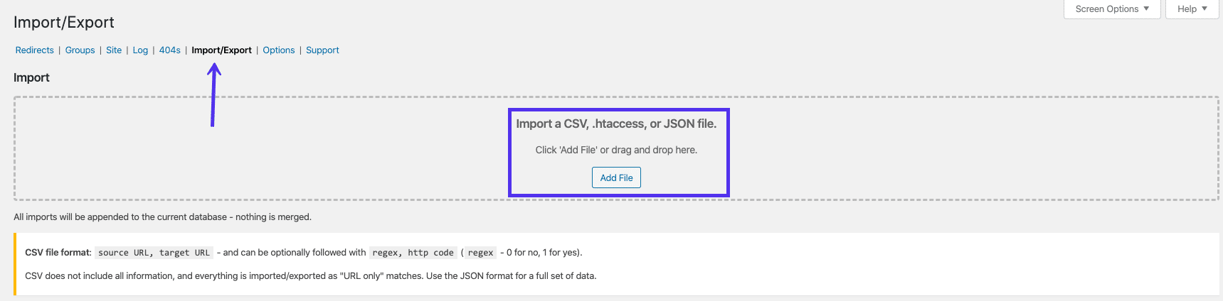 Skærmen Import / Export i redirect-pluginet