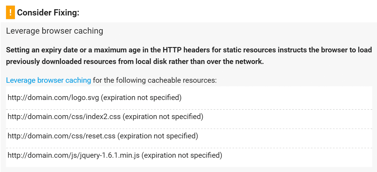 Resources listed in the Leverage Browser Caching warning