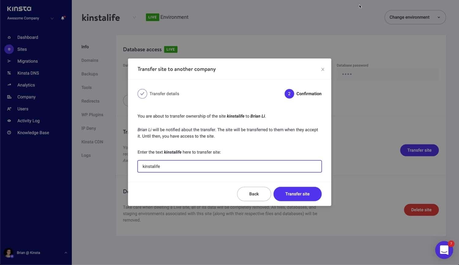 Click the Transfer site button to confirm your site transfer Cliquez sur le bouton Transférer le site pour confirmer le transfert de votre site.