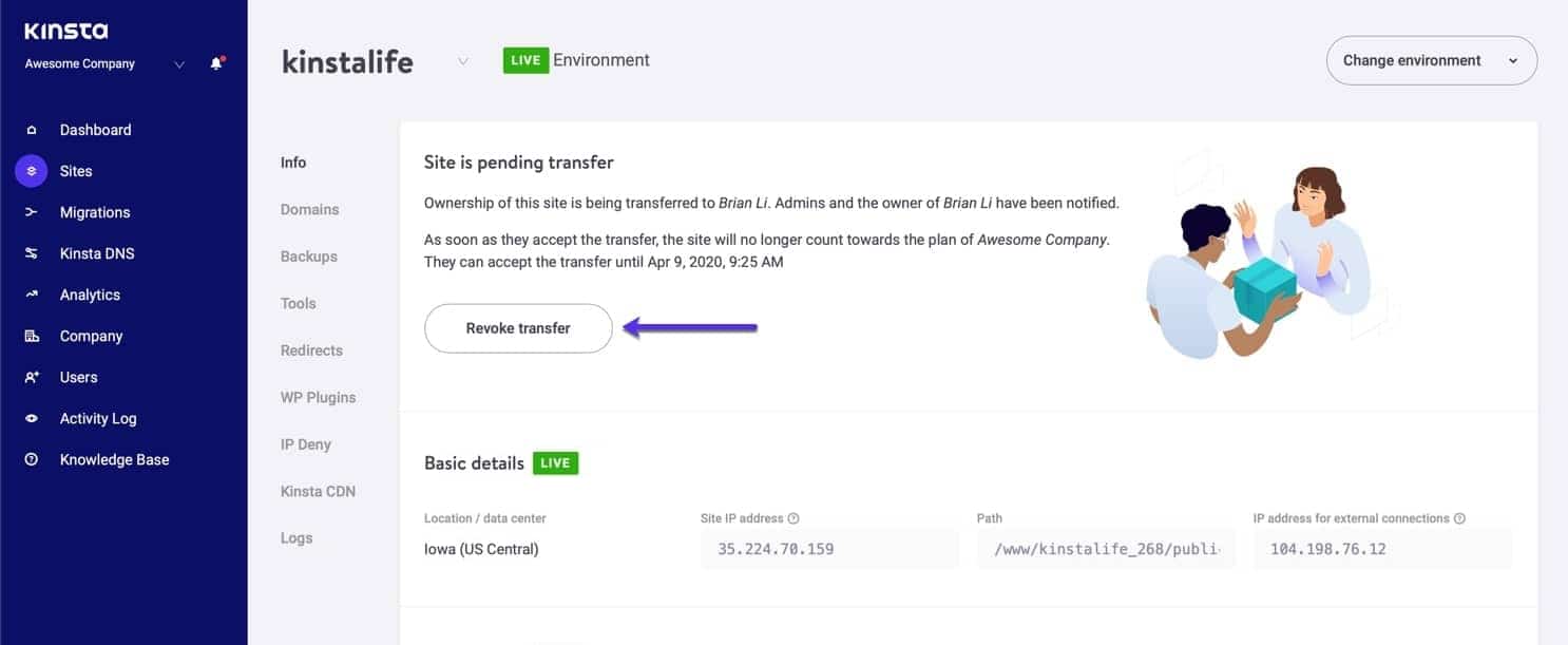 Cancelar/revocar una transferencia de sitio en MyKinsta.