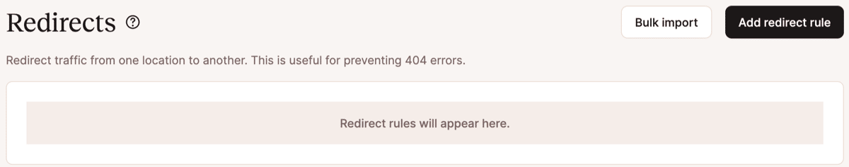 Uno screenshot della landing page Reindirizzamenti in MyKinsta senza regole attive.