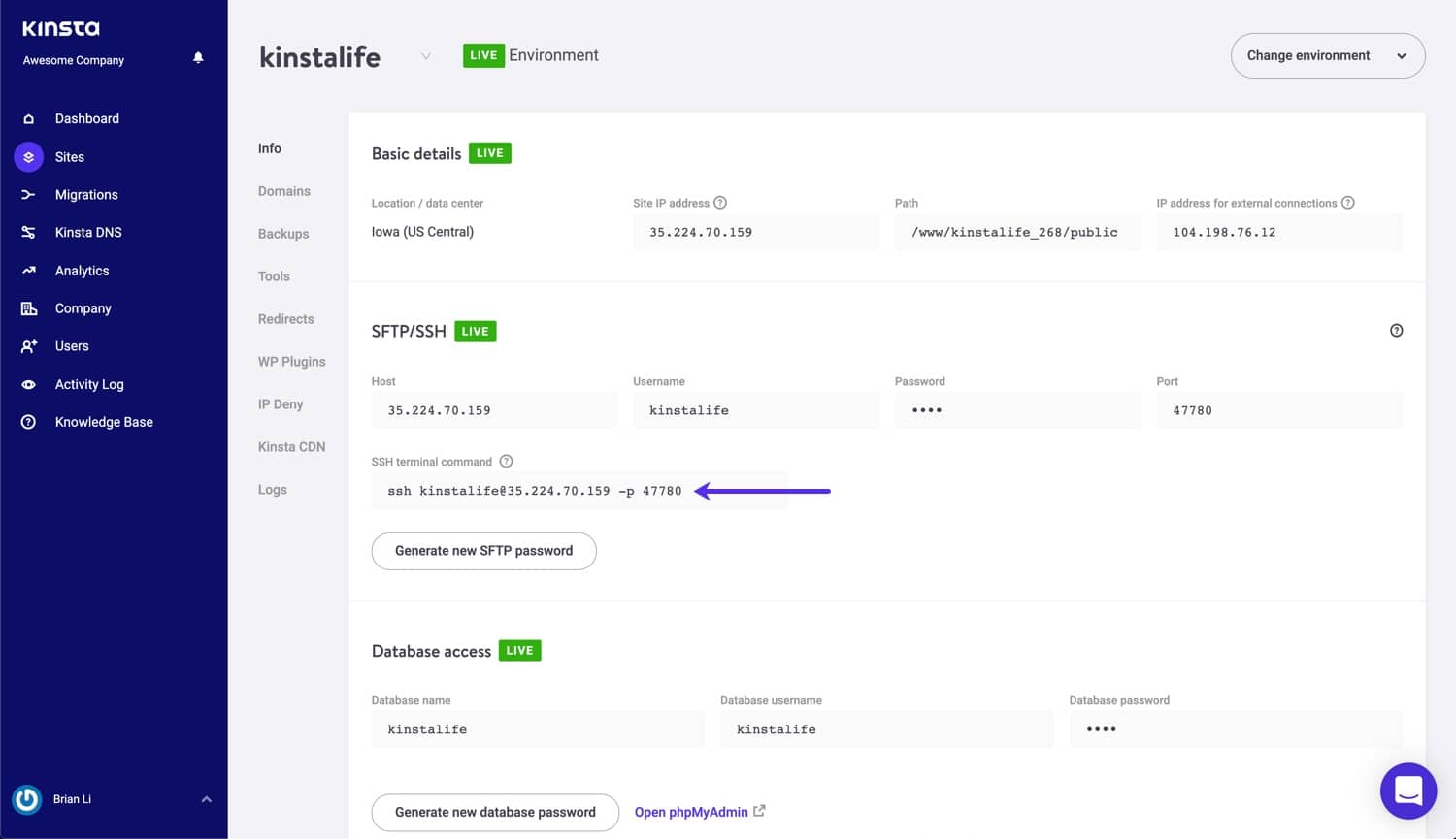 SSH terminal command in MyKinsta.