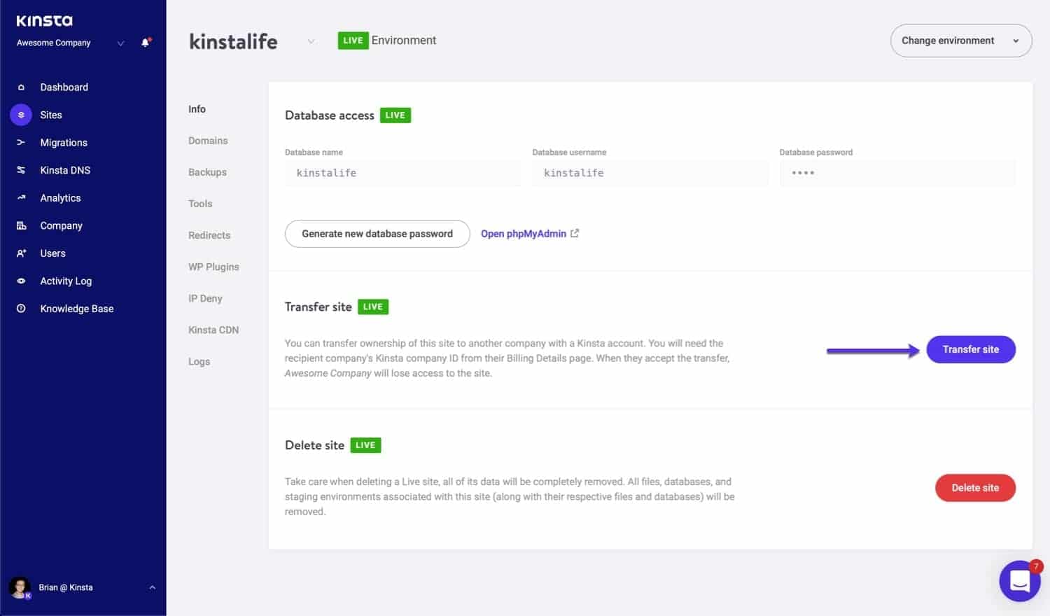 Click the Transfer site button to begin transferring your site to another company Cliquez sur le bouton Transférer un site pour commencer à transférer votre site à une autre entreprise.