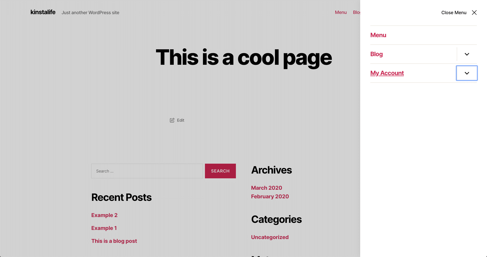 Example of header menu in Twenty Twenty theme