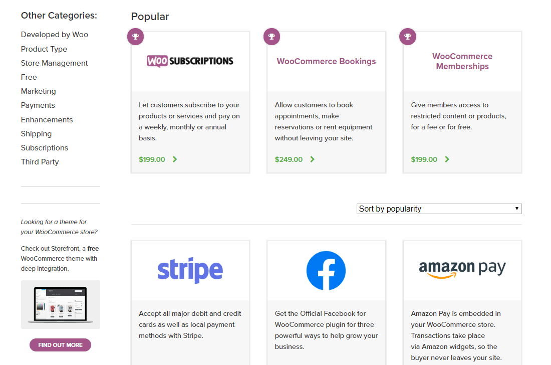 WooCommece's page on its most popular extensions