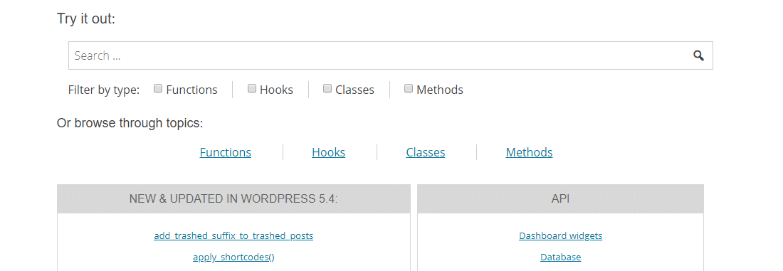 WordPress Code Reference search tool in WordPress Codex