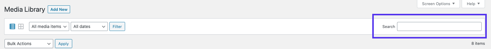 WordPress Media Library search bar