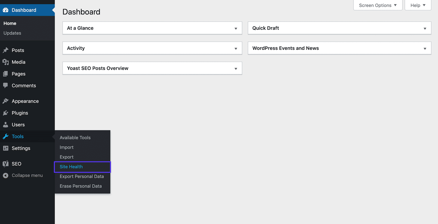 Tillgång till verktyget Site Health i WordPress.