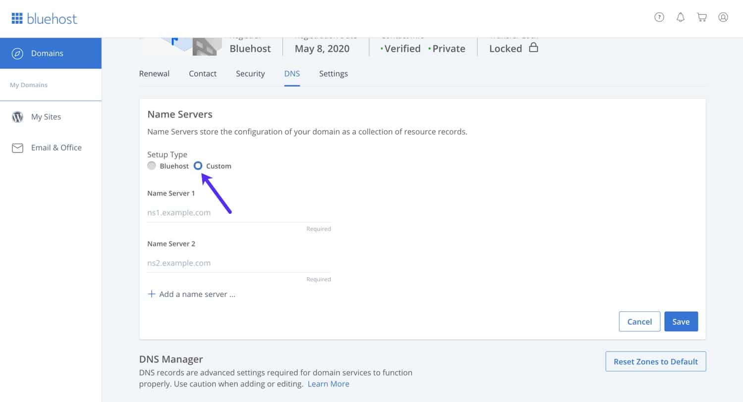 Adding custom nameservers in the Bluehost dashboard.