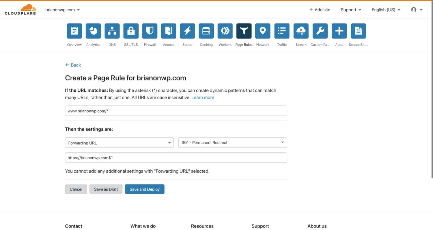 Regola di pagina di Cloudflare per reindirizzare gli URL.