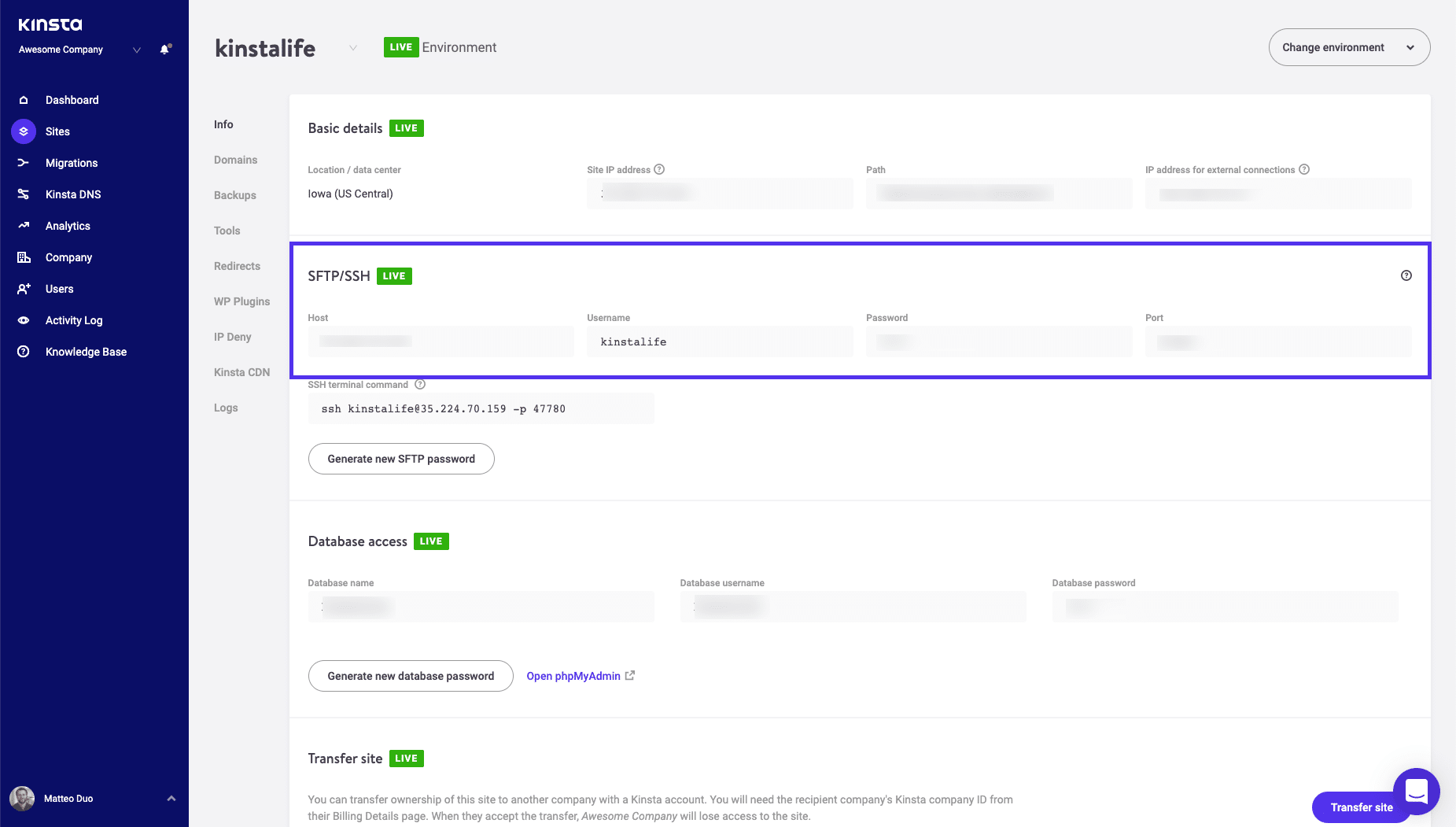 FTP credentials in the MyKinsta dashboard