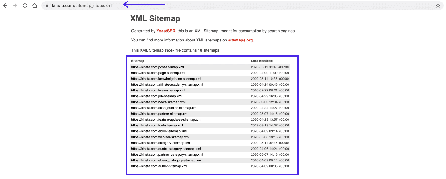 Kinstas XML-webbplatskarta