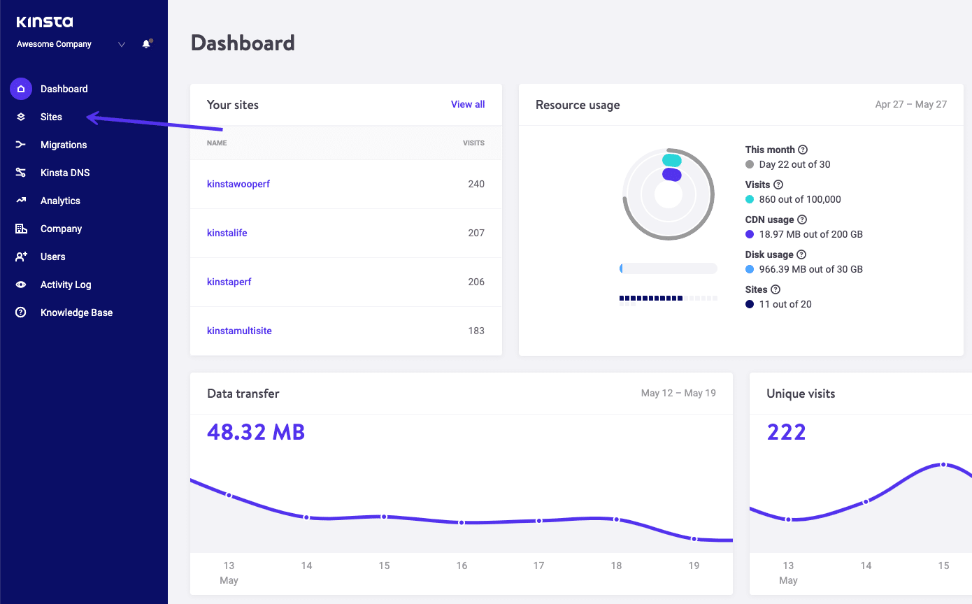 Sites tab in the MyKinsta dashboard