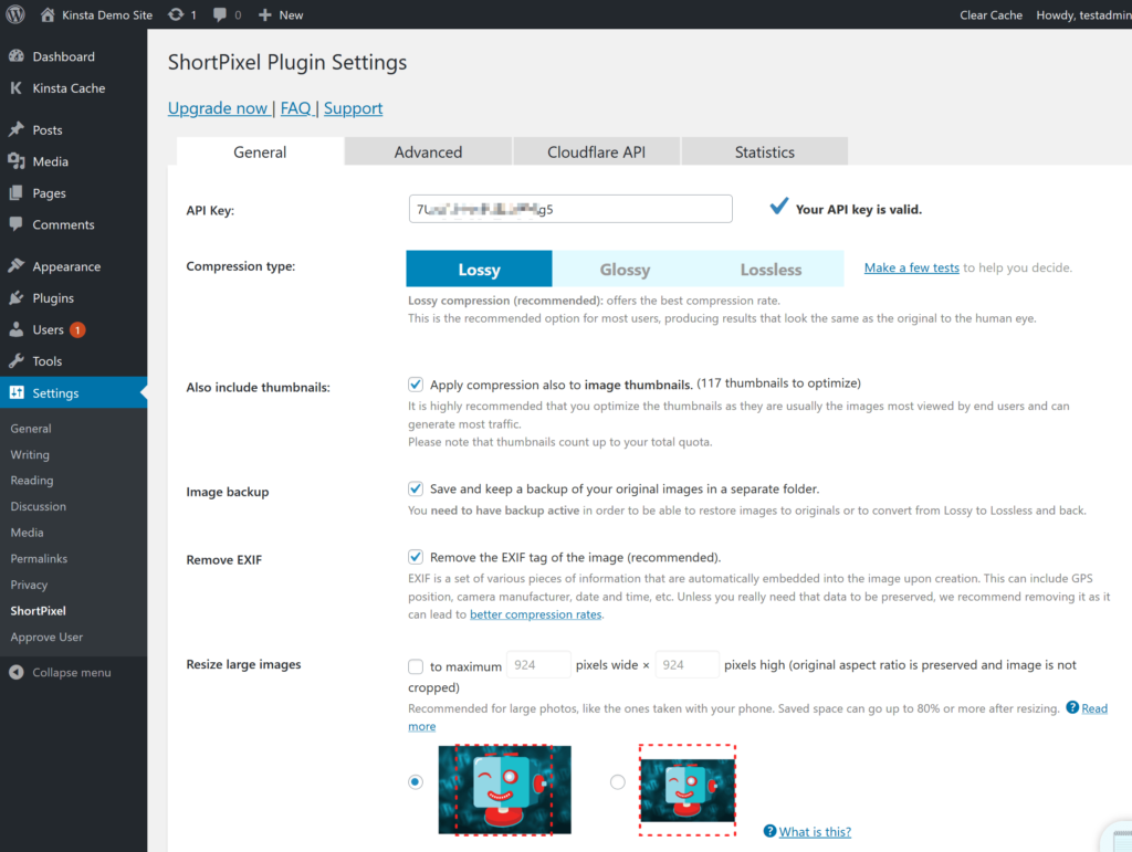 How to set compression level and image dimensions in ShortPixel