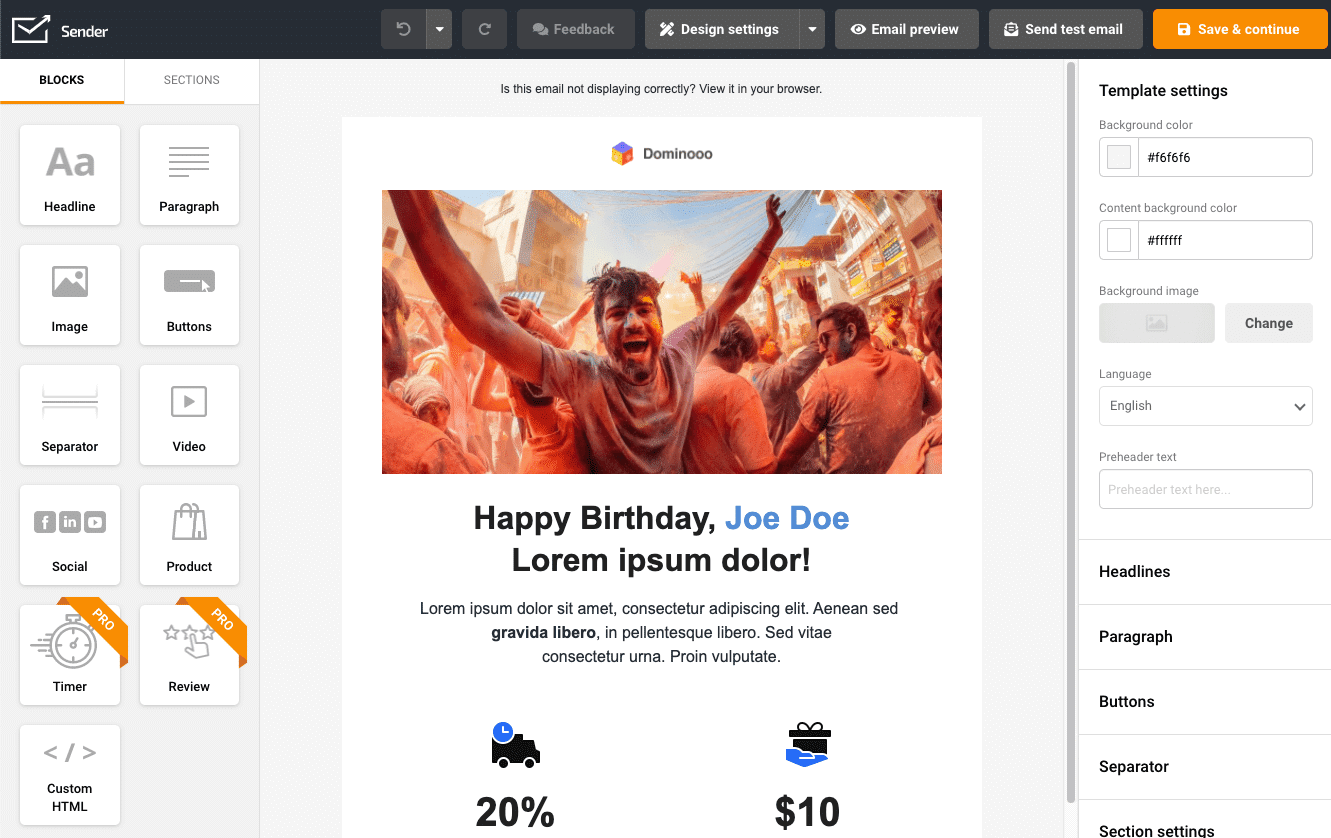 Sender email design builder