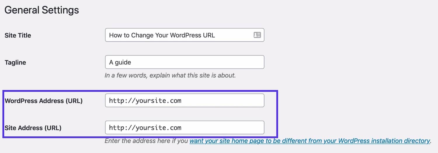 Generelle indstillinger - WordPress URL