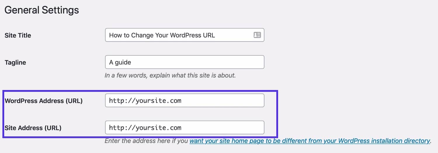 General Settings - Wordpress Url