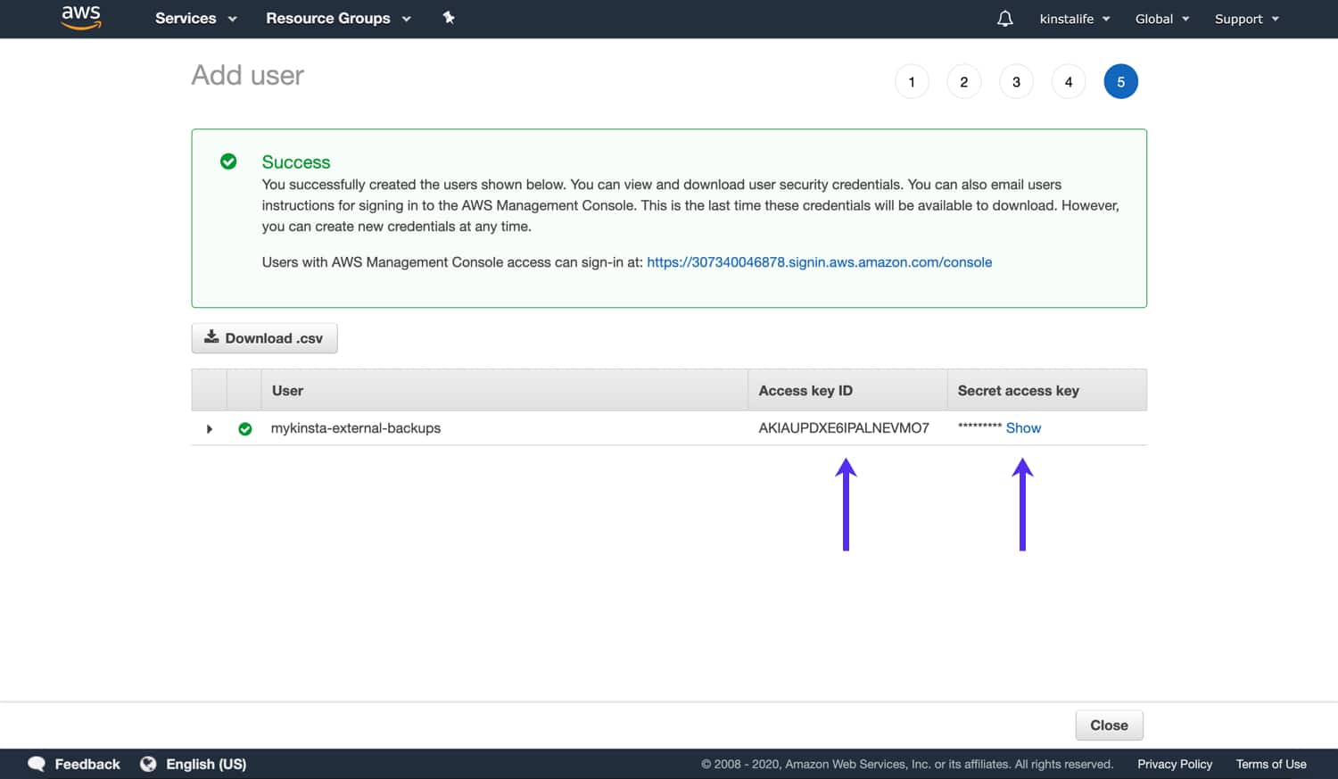 Copy the IAM user Access Key ID and Secret Access Key to a secure location アクセスキーIDとシークレットアクセスキーは安全な場所に保管