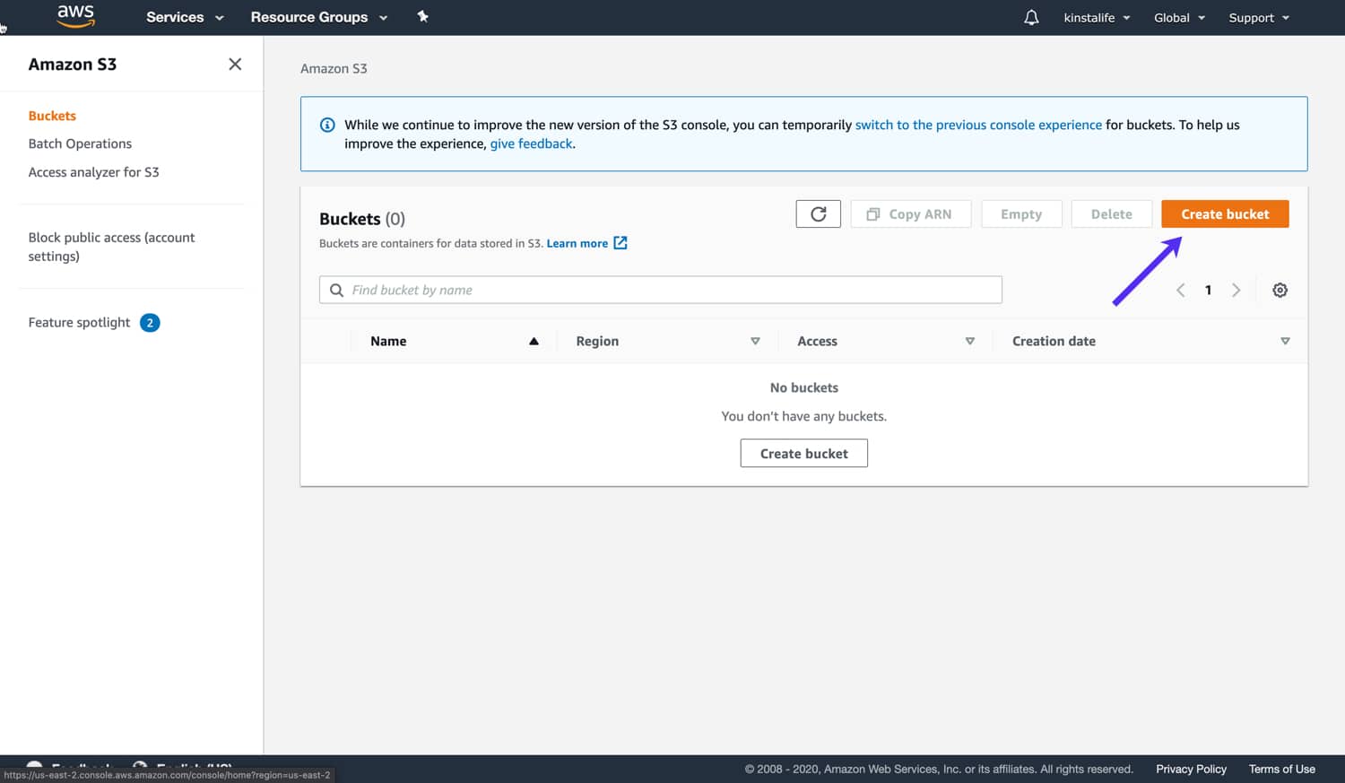 Click the Create bucket button in Amazon S3 「バケットを作成」をクリック