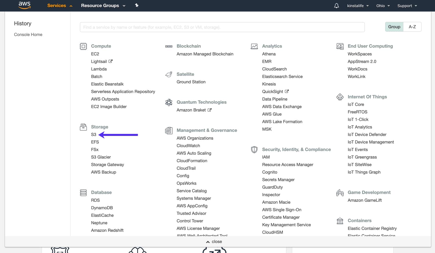 Selezionare S3 in Services > Storage per iniziare a creare un bucket Amazon S3.