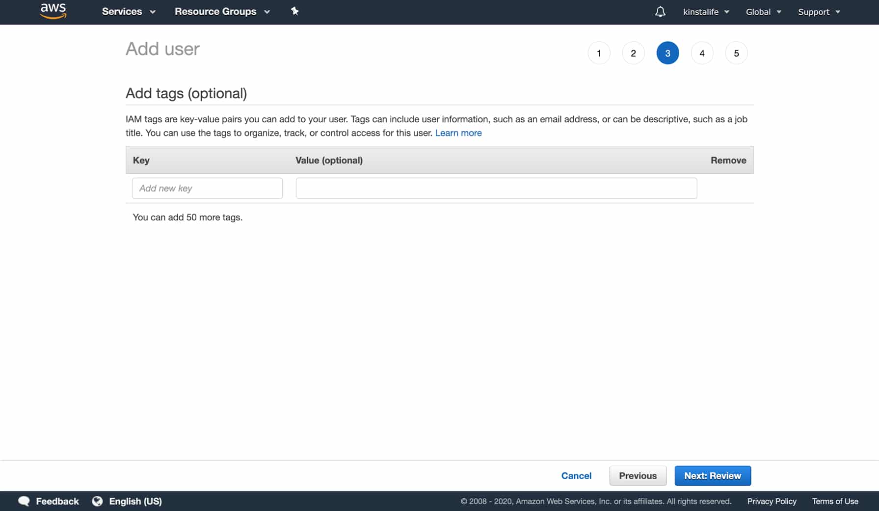 Add tags for your IAM user (optional) IAMユーザーのタグを追加(任意)
