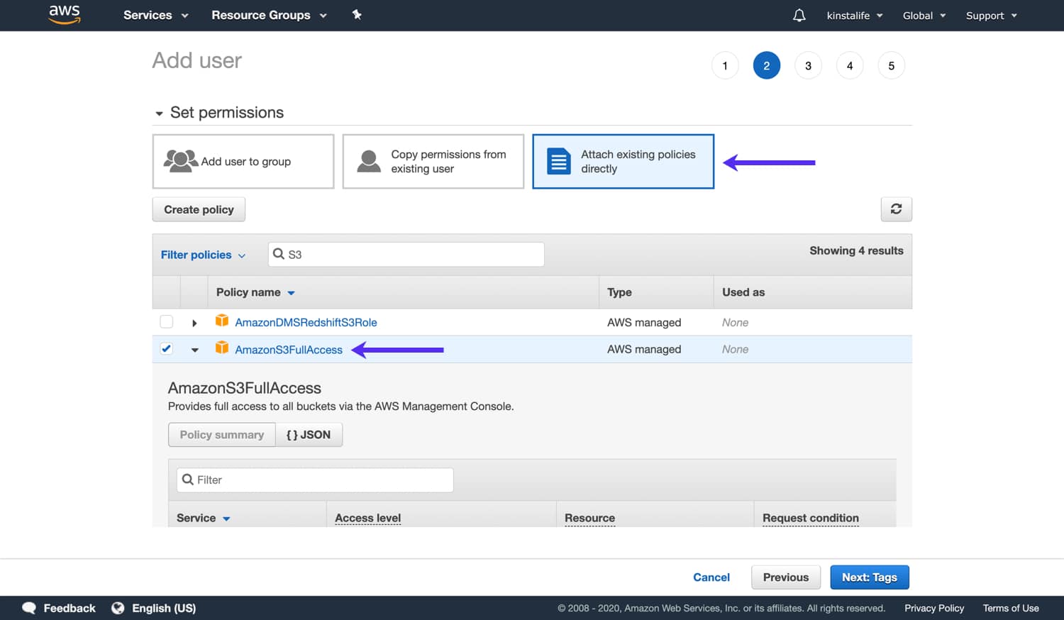 Add the AmazonS3FullAccess policy to your IAM user AmazonS3FullAccessポリシーを追加